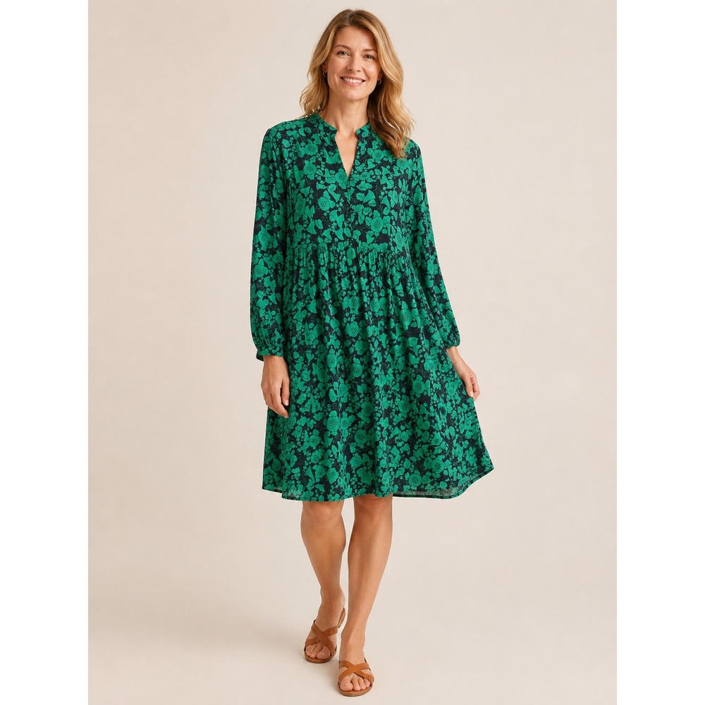 Whistles Floral Trapeze Dress Womens 6 Green Long Sleeve Smock Boho Mini